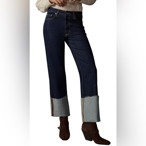 Wide Cuff Jeans High Rise Straight Leg Cropped Jeans Casual Boyfriend Denim Pant - Picture 1 of 9